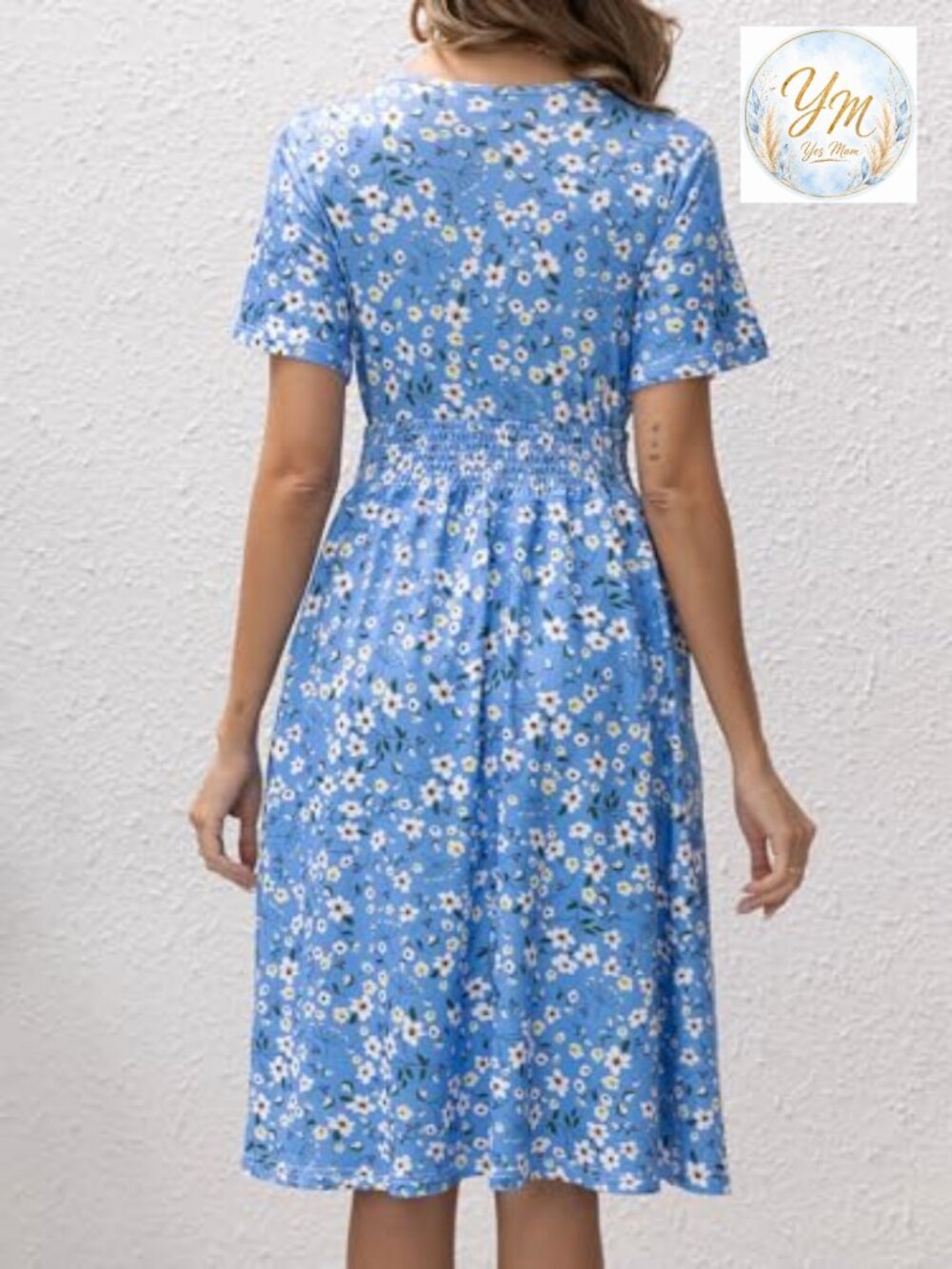 Midi Floral Dress - Short Sleeve Wrap V-Neck Smocked Waist A-Line with Pockets - Picture 3 of 7